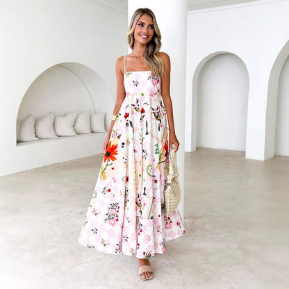 Vestido de verano con estampado de espalda descubierta y tirantes sexys, de cintura alta y vuelo grande para mujer