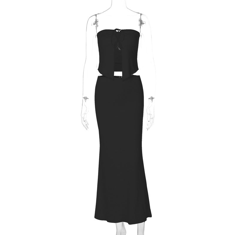 Conjunto de ropa de primavera para mujer, top corto ajustado con costuras sexys y escote en V, falda larga