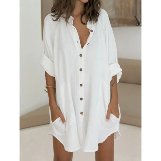 Vestido camisero holgado informal de otoño e invierno con una sola botonadura para mujer