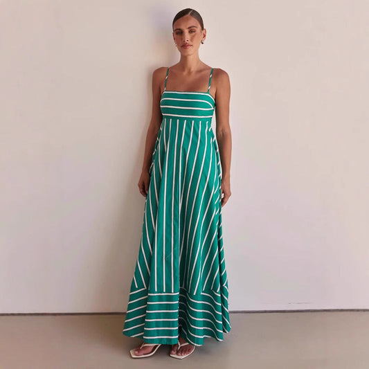 Simple Striped Spaghetti Straps Backless Swing Fresh Air Dress