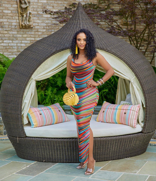 Women Clothing Spring Summer Sleeveless Colorful Printing Split Dress