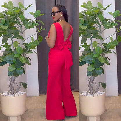 Ropa de mujer Primavera Color sólido Sin espalda Lazo Top Pantalones de pierna ancha Traje casual