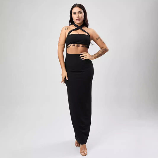 Vestido negro texturizado para mujer, vestido de corte A, vestido sexy para mujer