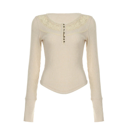 Camiseta de manga larga ajustada con cuello redondo y pespunte de encaje para mujer, ropa de otoño e invierno