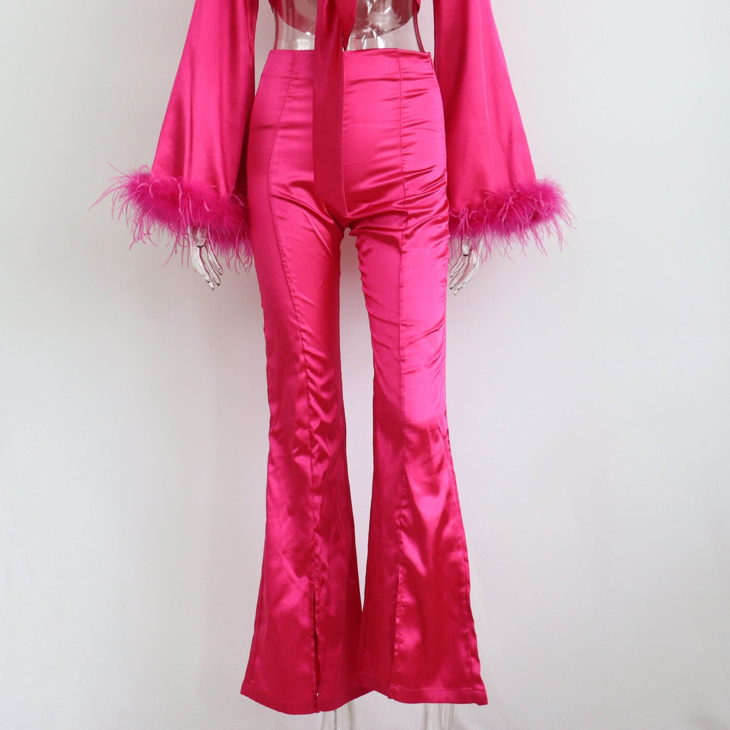 Conjunto de satén con plumas, escote en V, patchwork, sexy, con cordones, top corto, falda con abertura en la cadera, pantalones casuales
