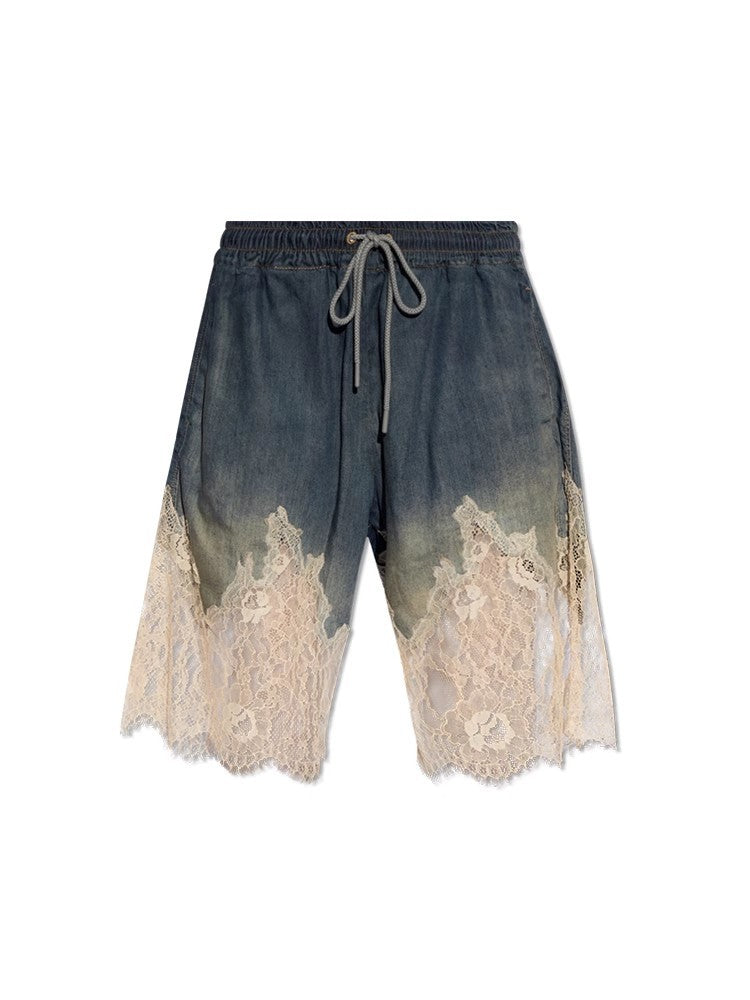 Conjunto de dos piezas de mezclilla con personalidad, pantalones cortos de mezclilla con tirantes y costuras de encaje sexys de verano para Drag Sister