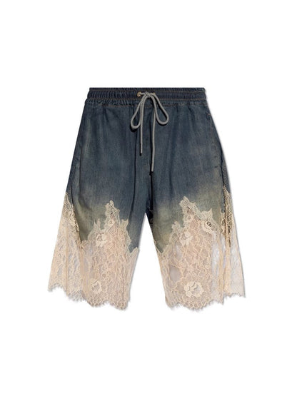Conjunto de dos piezas de mezclilla con personalidad, pantalones cortos de mezclilla con tirantes y costuras de encaje sexys de verano para Drag Sister