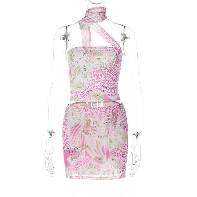 Conjunto de dos piezas para mujer, primavera/verano, fresco, estilo urbano, con cuello halter, corto, ajustado a la cadera, vestido estampado