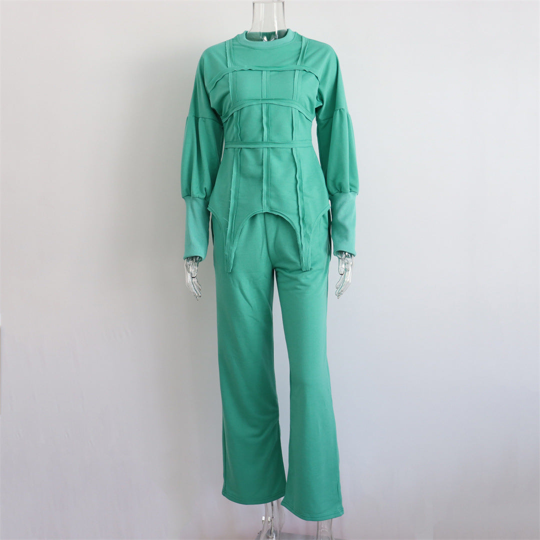 Conjuntos de sudadera con capucha de color sólido, jersey de cuello redondo, pantalones rectos divididos, conjuntos casuales de dos piezas