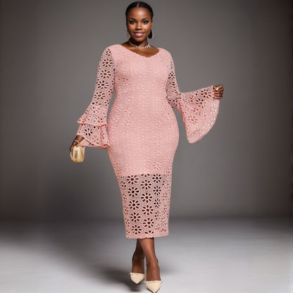 Vestido de encaje con mangas acampanadas para cenas de mujer