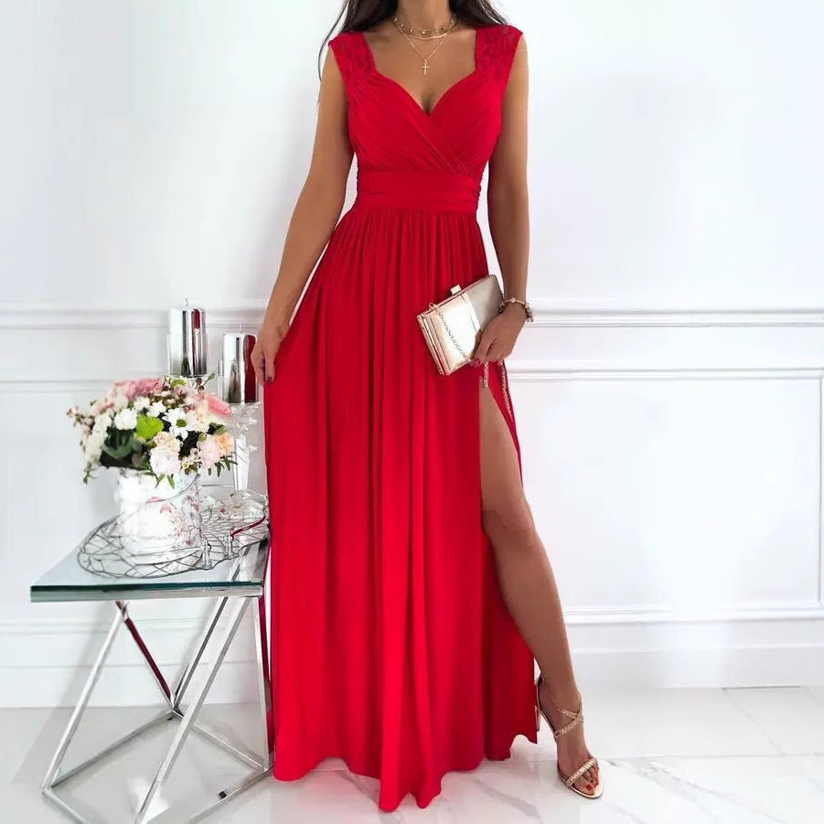 Vestido de mujer sin mangas con espalda descubierta, color liso, dobladillo ancho y abertura