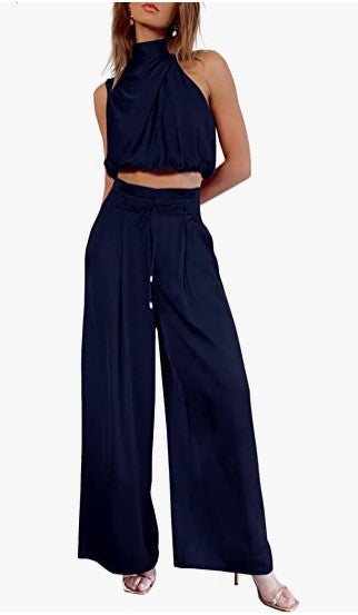 Conjunto de dos piezas informal sin mangas con cuello para mujer, pantalones de pierna ancha, top corto de verano