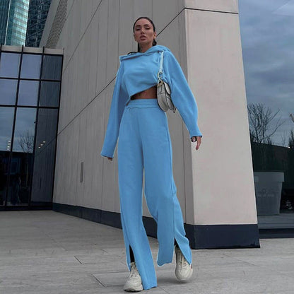 Conjunto de suéter corto con capucha y manga larga para mujer, pantalones holgados con cintura elástica y abertura, con borde suelto