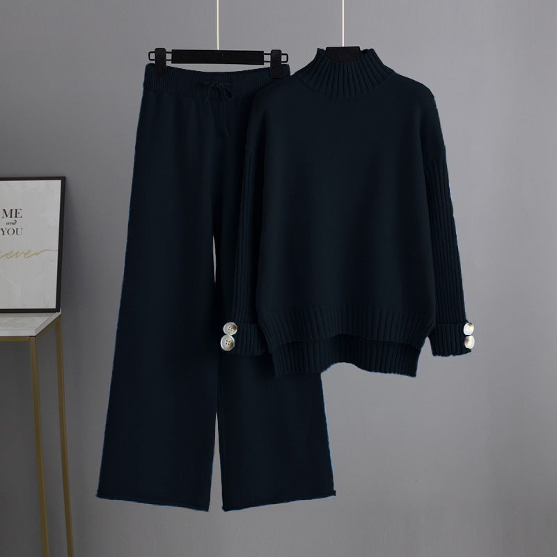 Conjunto de dos piezas de jersey de cuello alto y manga larga para mujer, traje de punto de otoño e invierno, ropa exterior gruesa y holgada.