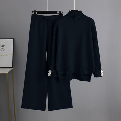 Conjunto de dos piezas de jersey de cuello alto y manga larga para mujer, traje de punto de otoño e invierno, ropa exterior gruesa y holgada.