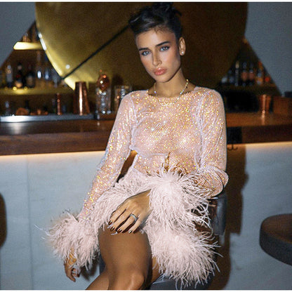 Conjunto de falda peluda de moda para mujer, vestido corto sexy de manga larga con cuello redondo para discoteca