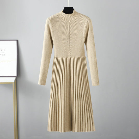 Vestido de otoño-invierno de color liso, cuello medio, grueso por debajo de las rodillas, largo medio, cintura ajustada, suave y suave.