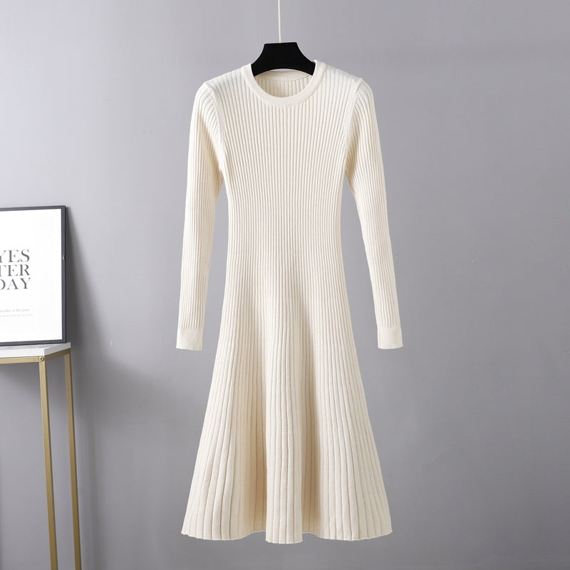 Vestido ajustado de otoño-invierno para mujer, vestido de longitud media, cuello redondo, color liso, prenda interior, suéter básico, vestido de corte A