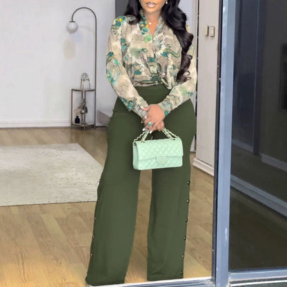Conjunto de dos piezas de camisa con cuello en V y pantalones anchos para mujer