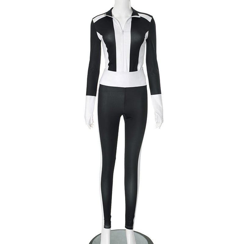 Ropa de mujer Otoño Invierno Costuras de colores en contraste Diseño ajustado con cremallera Cuello Cárdigan Traje ajustado de cintura alta