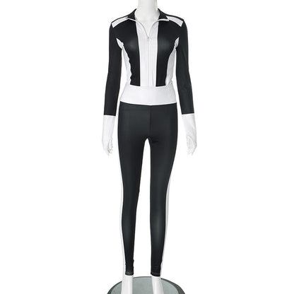 Ropa de mujer Otoño Invierno Costuras de colores en contraste Diseño ajustado con cremallera Cuello Cárdigan Traje ajustado de cintura alta