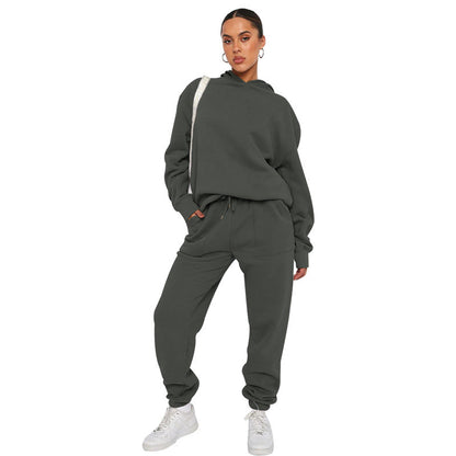 Suéter de manga larga con capucha de color liso para mujer, ropa informal, pantalones, traje, otoño e invierno