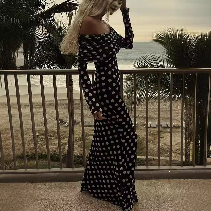 Vestido ajustado sexy con hombros descubiertos y costura de lunares de gasa para primavera y verano para mujer