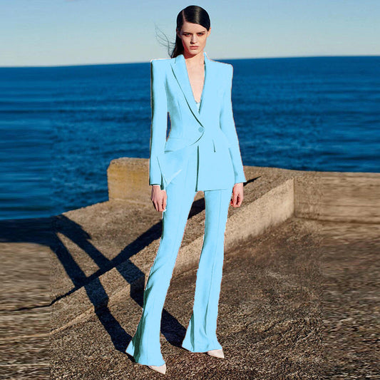 Traje de negocios para mujer, estilo estrella, con un solo botón, de tela y largo medio, con pantalones acampanados, traje de dos piezas