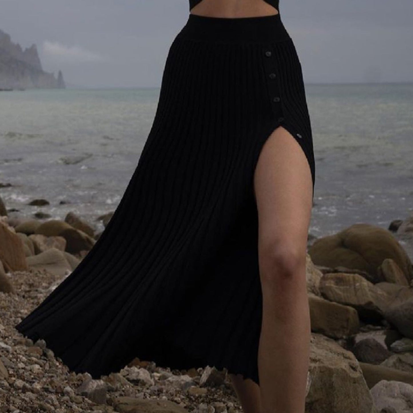 Suéter con abertura y falda plisada para mujer, traje de otoño e invierno con cordones