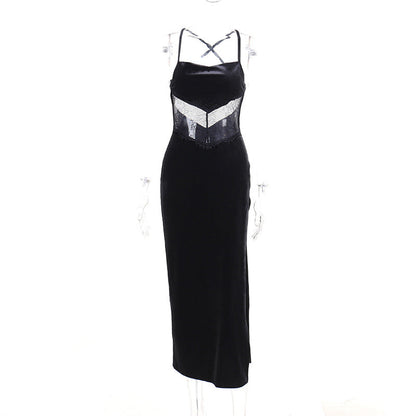 Vestido de otoño-verano con encaje sexy, sin espalda, con abertura y retazos para mujer