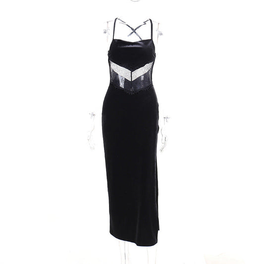 Women Autumn Summer Lace Sexy Backless Patchwork Slit Dress Women