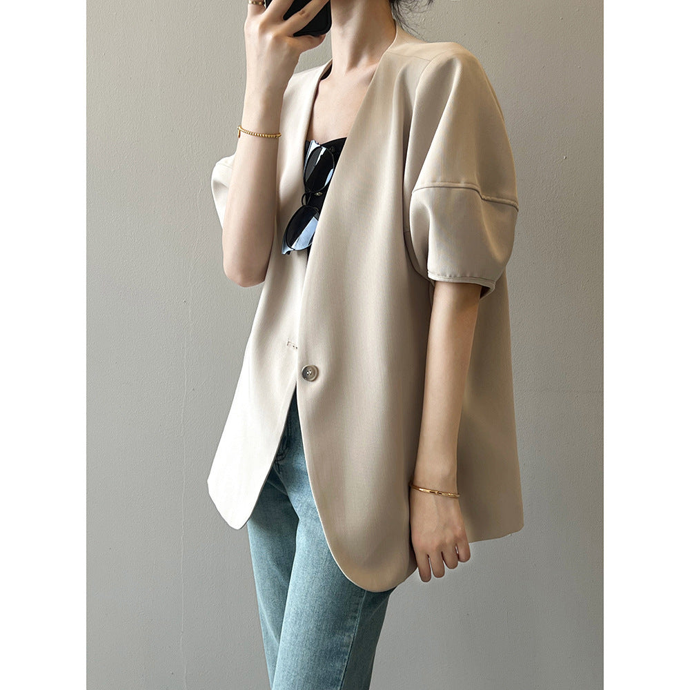 Puff Sleeve Short Sleeve Blazer Women Spring Summer Thin Casual Half Sleeve