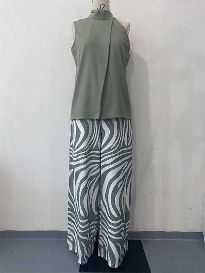 Conjunto de dos piezas de top y pantalón ancho con estampado de cebra y cuello halter sin mangas de verano para mujer