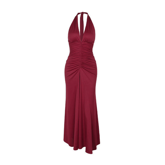 Vestido elegante de otoño ajustado con escote en V y cuello halter plisado para adelgazar.