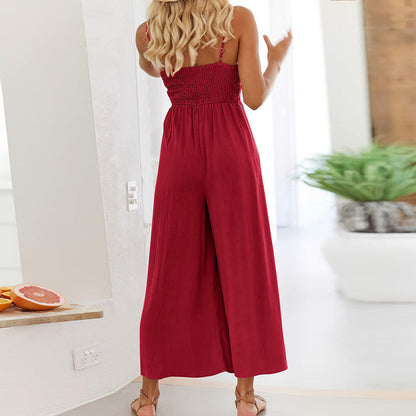 Pantalones de verano de color liso para mujer, con tirantes finos y cintura ajustada, pantalones largos de pierna ancha, mono