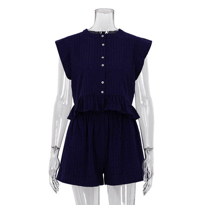 ¡¾MOQ-5 packs¡¿ Summer Jacquard Short Sleeve Sense of Design Shirt Casual Office Shorts Set for Women