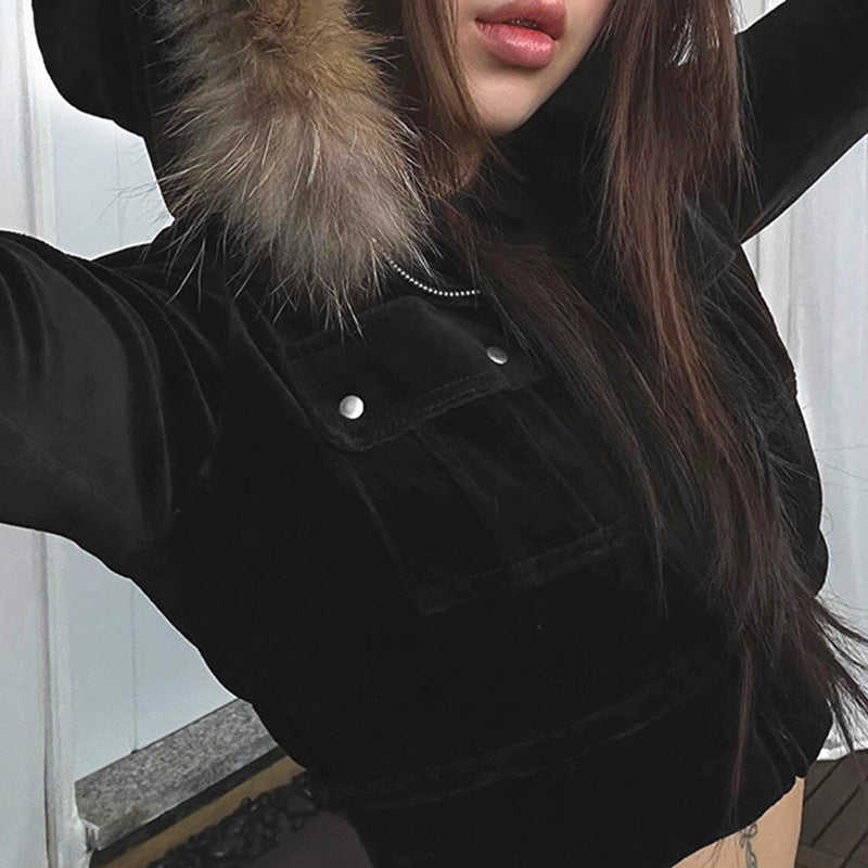 Chaqueta tipo cárdigan con capucha y cremallera con costuras de piel para mujer, diseño de bolsillo, abrigo de terciopelo sexy de color liso para otoño e invierno.