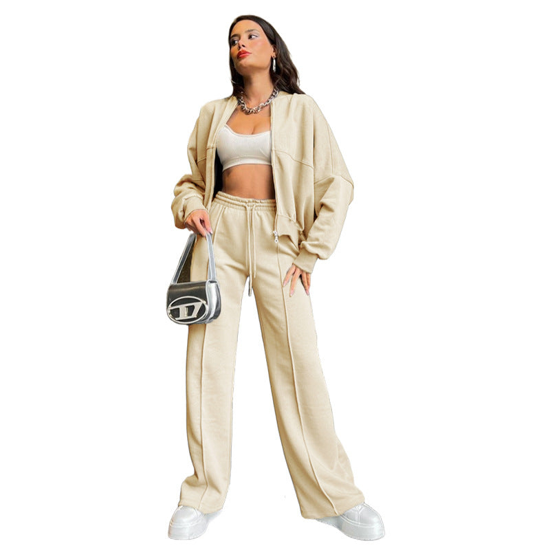 Conjunto de cárdigan con cremallera de color liso para mujer, pantalones rectos informales, otoño e invierno