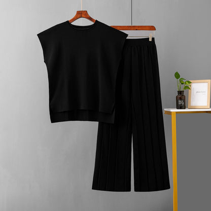 Conjuntos casuales de verano para mujer, chaleco sin mangas de color sólido, suéter, pantalones de pierna ancha de seda helada