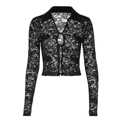 Ropa de mujer Primavera Verano Cárdigan de encaje sexy Top ligero de manga larga
