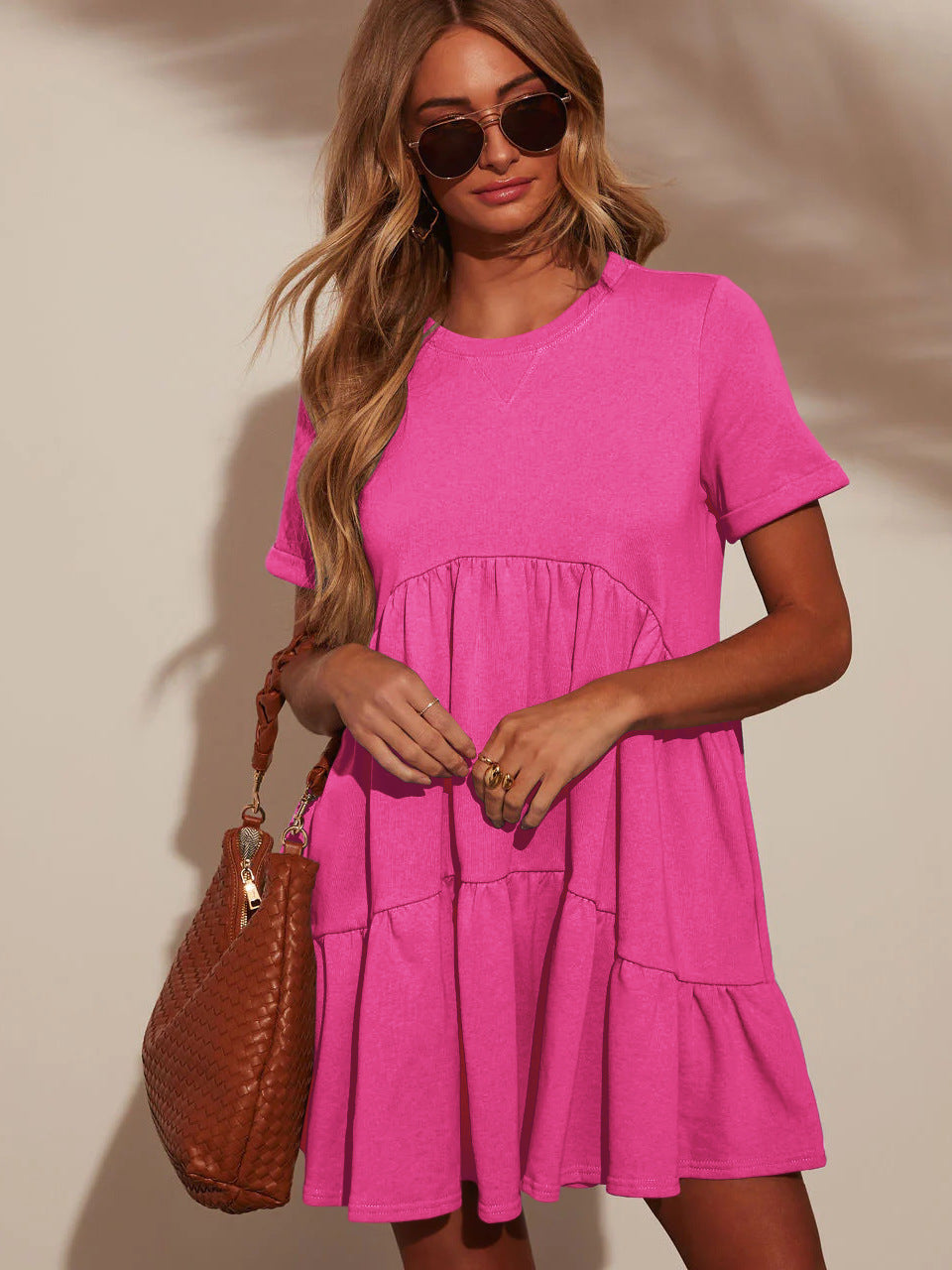 Vestido informal de verano con bolsillos, cuello redondo, manga corta, plisado y holgado para mujer