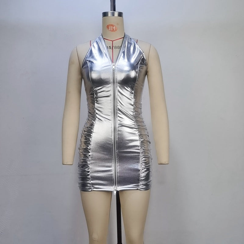Vestido tubo ajustado con cremallera y cuello halter sexy plisado de color sólido de verano para mujer