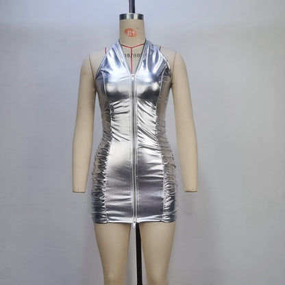Vestido tubo ajustado con cremallera y cuello halter sexy plisado de color sólido de verano para mujer
