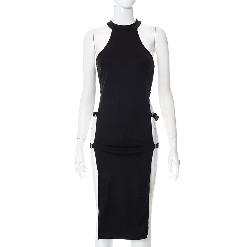 Vestido de verano para mujer, sin mangas, con abertura lateral, cintura alta, color liso