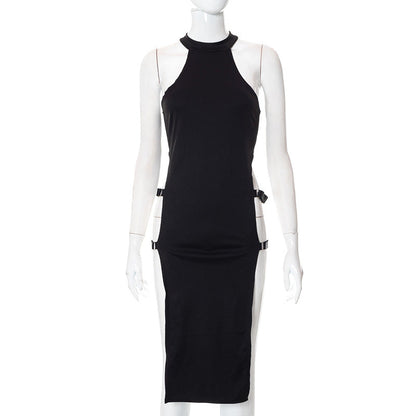 Vestido de verano para mujer, sin mangas, con abertura lateral, cintura alta, color liso