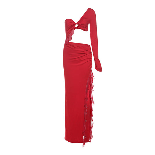 Women Clothing Autumn Winter Sexy Sexy Solid Color Hollow Out Cutout Single Sleeve Side Split Dress Women