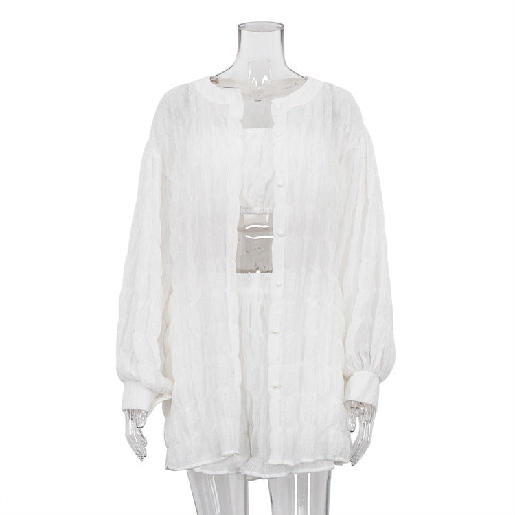 Conjunto de tres piezas formado por camiseta blanca de manga larga y pantalón corto, para mujer, verano, holgado, top de tubo y cintura alta