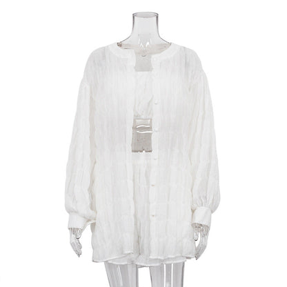 Conjunto de tres piezas formado por camiseta blanca de manga larga y pantalón corto, para mujer, verano, holgado, top de tubo y cintura alta