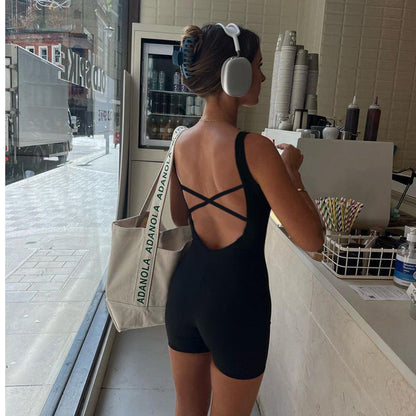 Mono deportivo informal de calle de color sólido con cuello cuadrado, abertura cruzada, espalda descubierta, con cordones, para yoga y fitness, pantalones de una pieza
