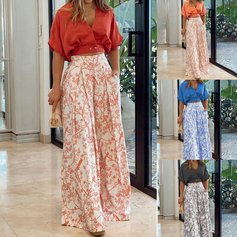 Camisa corta con cuello en V de moda, traje estampado de oficina, pantalones anchos, ropa para mujer